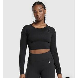 Gymshark Vital Seamless 2.0 Long Sleeve Crop Top Sz‎ S Black Marl Athleisure Gym